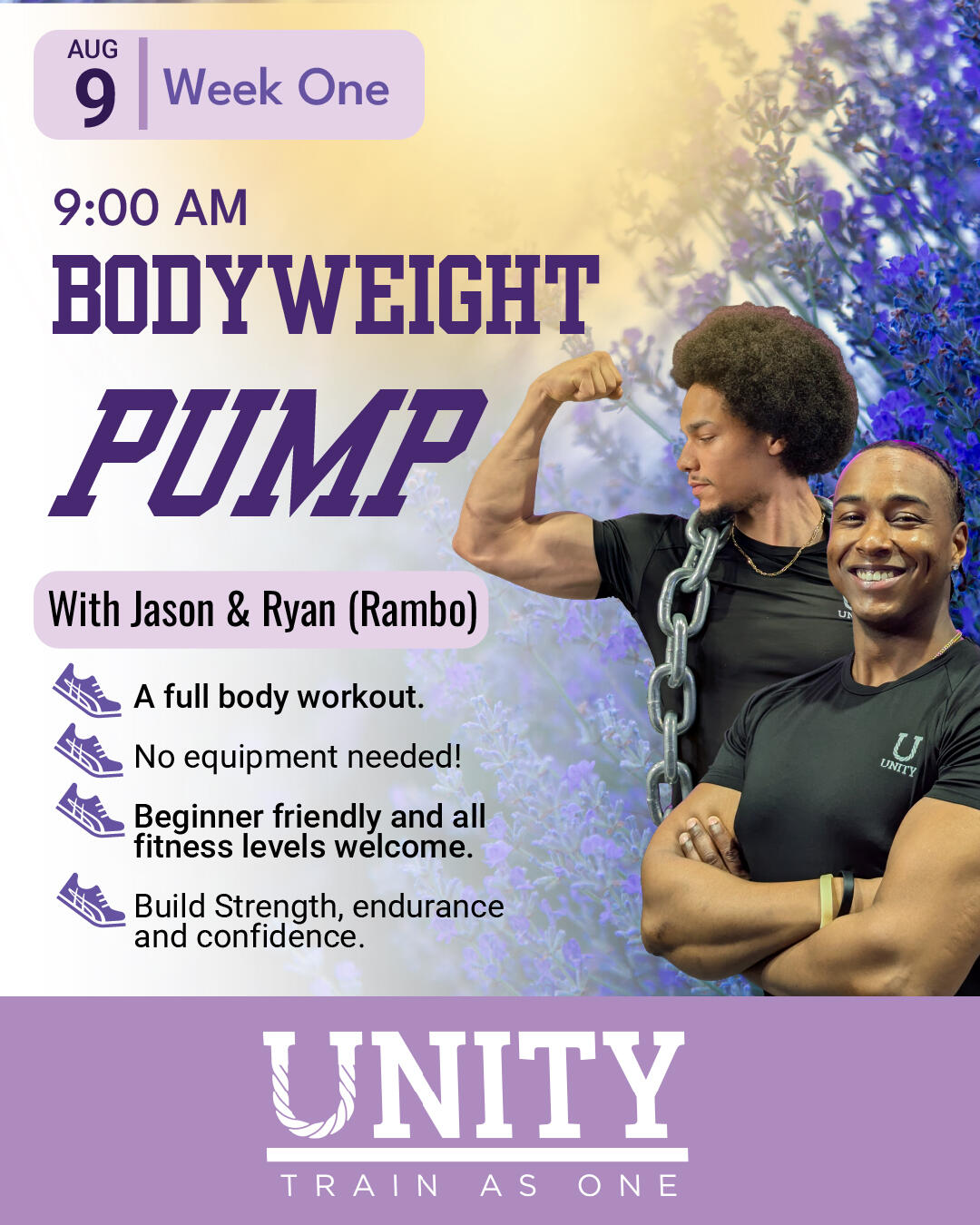 Unity Summer in the park series social media post. This is the first week page. It was a bodyweight pump class.